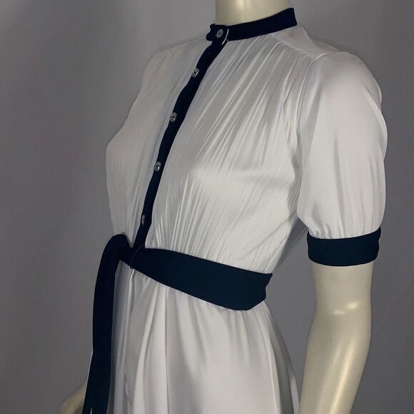 Vintage White Navy Half Button Short Sleeve Dress with Tie Waist Belt Size Mediu - Picture 12 of 15